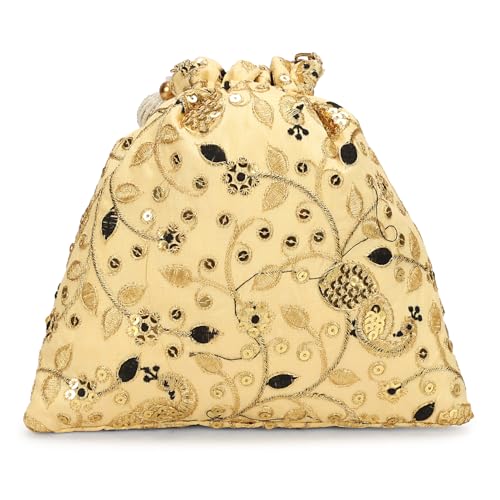 Image of LONGING TO BUY Indian Embroidered Pearl Potli Bag For Women, Sequence Design with Tassel, Wedding Potli Bags