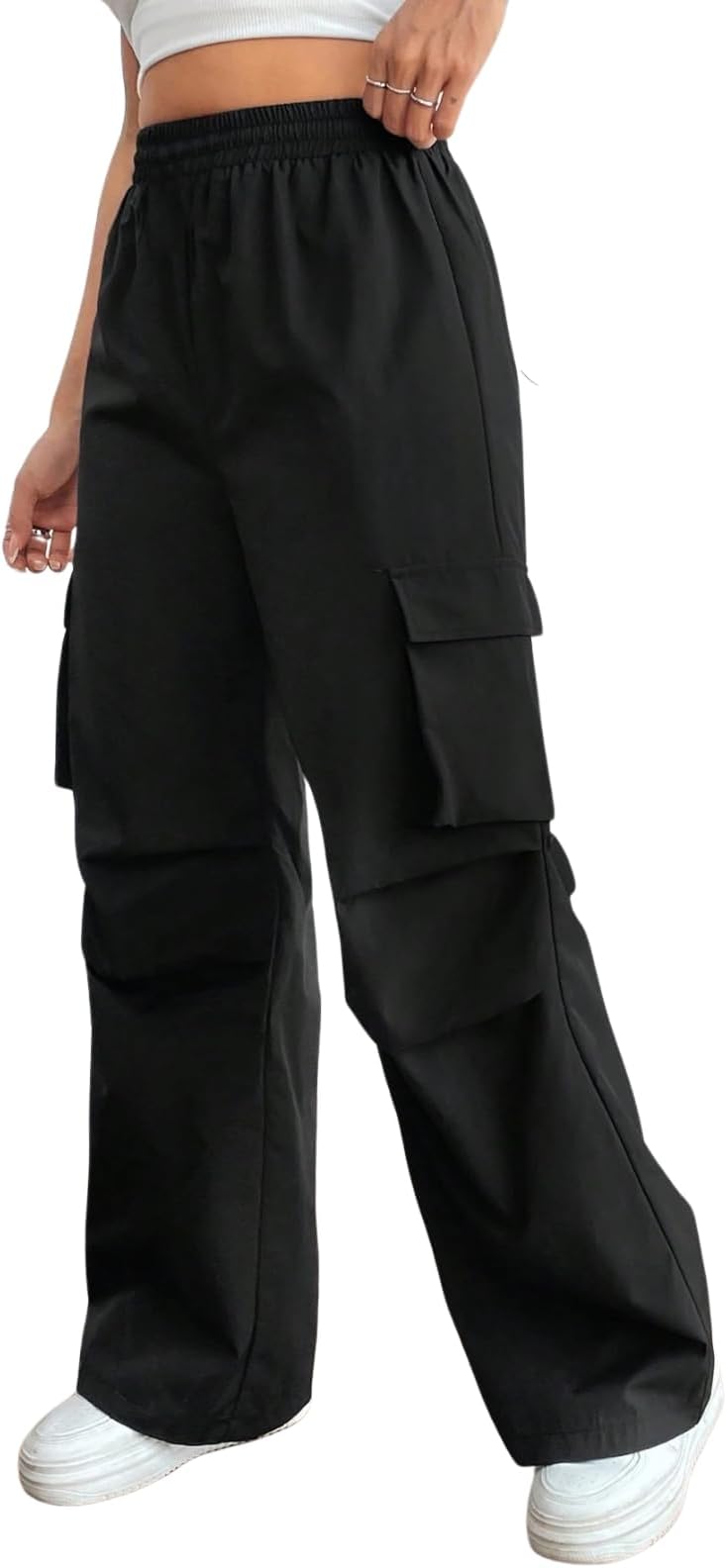 Sponsored Ad - High Waist Cotton Trousers for Women – Flared Parachute Pants with Side Pockets | Casual Travel Cargo Pants