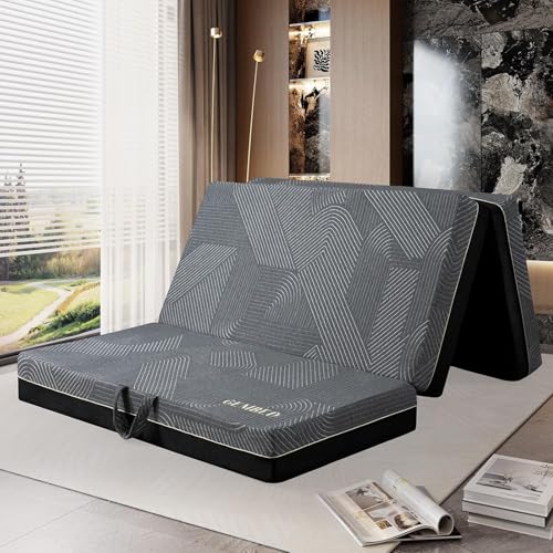 GEMBED Tri Folding Mattress Queen Size - Memory Foam Tri-fold Handle & Non-Slip Bottom Portable Foldable Sofa Bed Floor Chair for Travel RV Camping Guest Yoga - 6 Inch 78x58x6