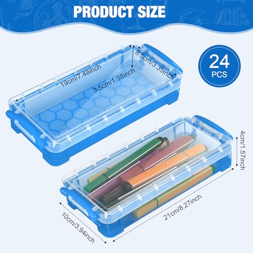 Image of Gueevin 24 Pcs Large Capacity Plastic Pencil Box Clear Plastic Pencil Case Crayon Box with Snap Tight Lid Watercolor Pen Storage Brush Organizer Drawing Tools Container (Cute Blue)