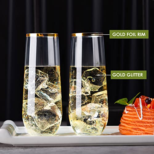 Copas de champán de plástico de 9 oz inastillables desechables con borde de oro para bodas 7