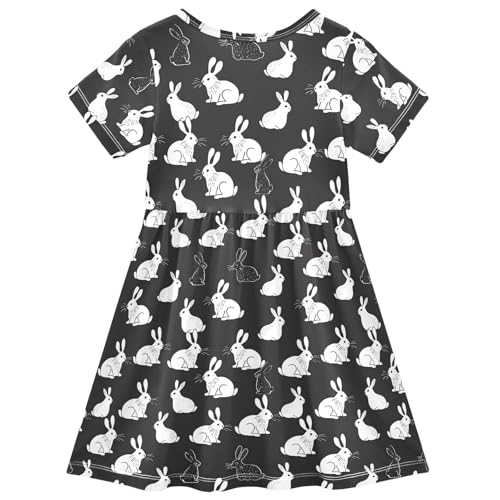 ALAZA White Rabbit Bunny Black Girls Dress Short Sleeve Toddler Casual Dresses Summer Sundress 2-8T2