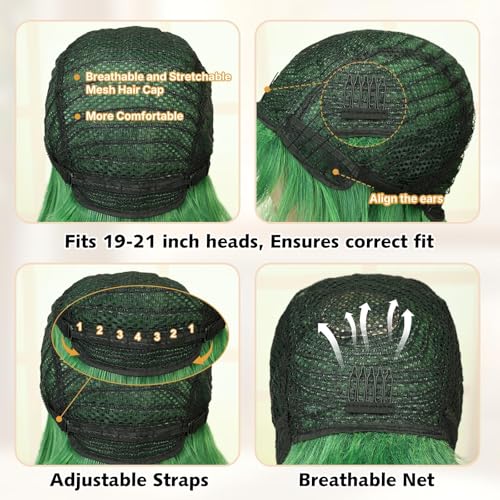 Image of QUEENTAS 10 Inch Short Straight Green Bob Wig for Women with Bangs Glueless Synthetic Hair Natural Looking for St Patrick's Day Halloween Cosplay