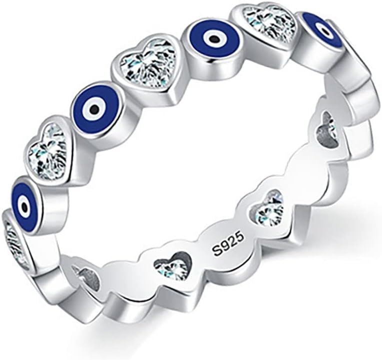Evil Eye Rings for Women 925 Sterling Silver Turkish Enamel Blue Ring Statement Cubic Zirconia Heart Rings Wedding Band Ring Aesthetic Lucky Jewelry Birthday Mothers Day Gifts