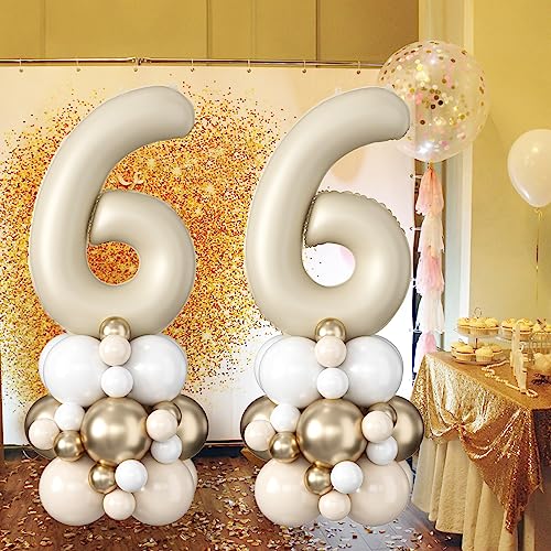 Image of 40 Inch Cream Number 6 Birthday Balloon Beige White Sand Number Six Foil Balloon Tower Giant Large Nude Neutral Digit Helium Balloons Stack Stand for Girls Boys 6th Anniversary Party Decorations