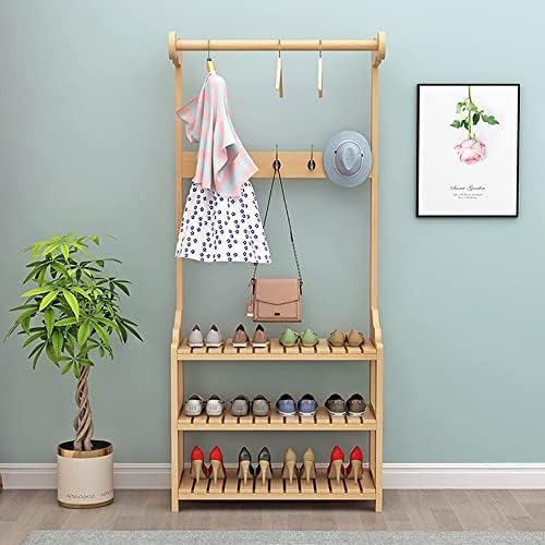 3 in 1 Entryway Hall Tree with Shoe Bench, Multi-Functional Wood Coat Rack with 5 Hooks & 2 Tier Storage Shelf, Space-Saving Solution for Hallway, Bedroom & Office