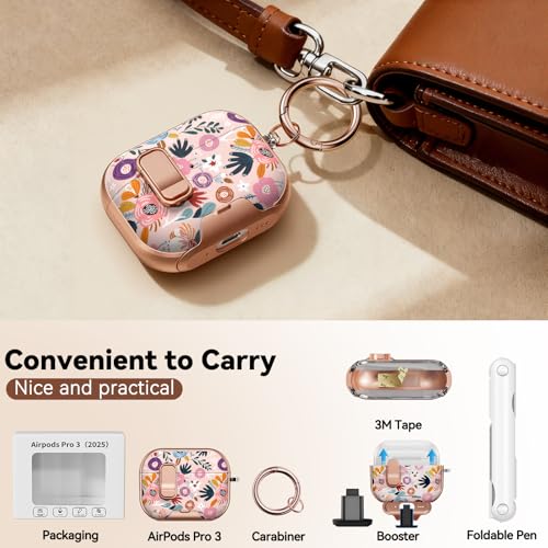 Image of for AirPod Pro 3 Case 2025, with Safty Lock & Phone Stand for Pink AirPod Pro 3 Generation Case Cover for Women Girly, iPod Pro 3 Cases with Keychain & Cleaner Kit - Pink Berry Flower