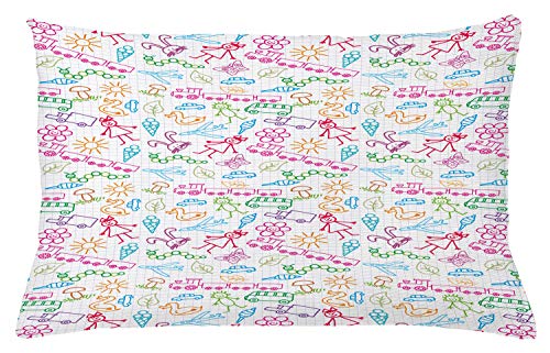 Lunarable Sketch Throw Pillow Cushion Cover, Exploring The Joyful Fantasy World of Colorful Drawing Happy, Decorative Square Accent Pillow Case, 26