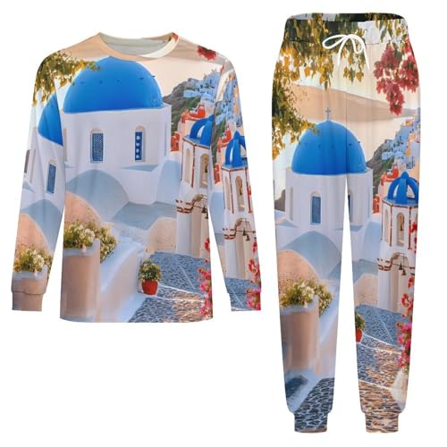 Santorini Greece Beautiful Scenery Pajama Set Long Sleeve Lounge Sets Sleepwear 2 Pjs Nightwear for Men Women3