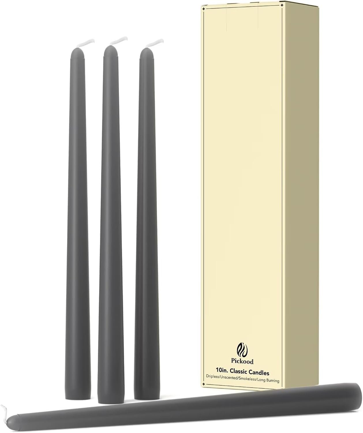 10-Inch Tall Dripless Taper Candles Set of 4 - Black Gray Tapered Candles, Perfect for Spring - Smokeless, Unscented, Long Burning - Hand Poured, Colored Tall Candlesticks - Dark Gray