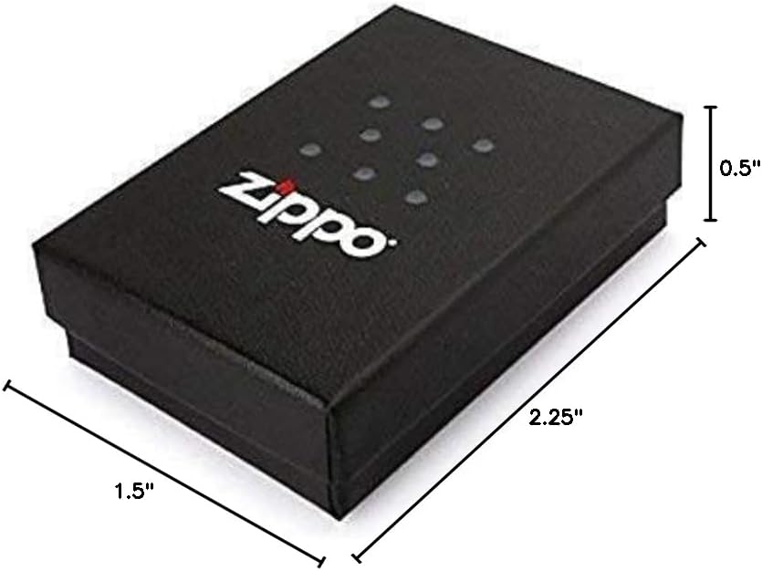 Zippo gift box with dimensions labeled: 2.25 inches length, 1.5 inches width, 0.5 inches thickness