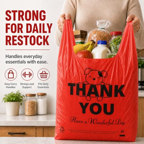 Image of YoYoRain Red Thank you T shirt bag, Grocery shopping bag Reusable and Disposable Supermarket Bag 11''x6''x21'' 100PCS
