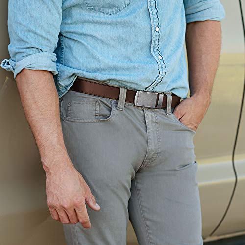 SlideBelts Men's Classic Belt with Premium Buckle (Mocha Brown Leather with Bar-Striped Buckle (Vegan), One Size)3