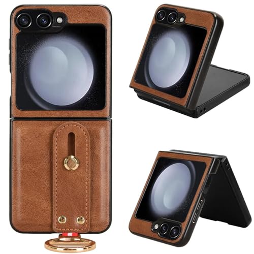 Image of Flip Cover for Samsung Galaxy Z Flip 6 5G, Leather Shockproof Polycarbonate Case (Ring Case, Pack of: 1) (Brown)