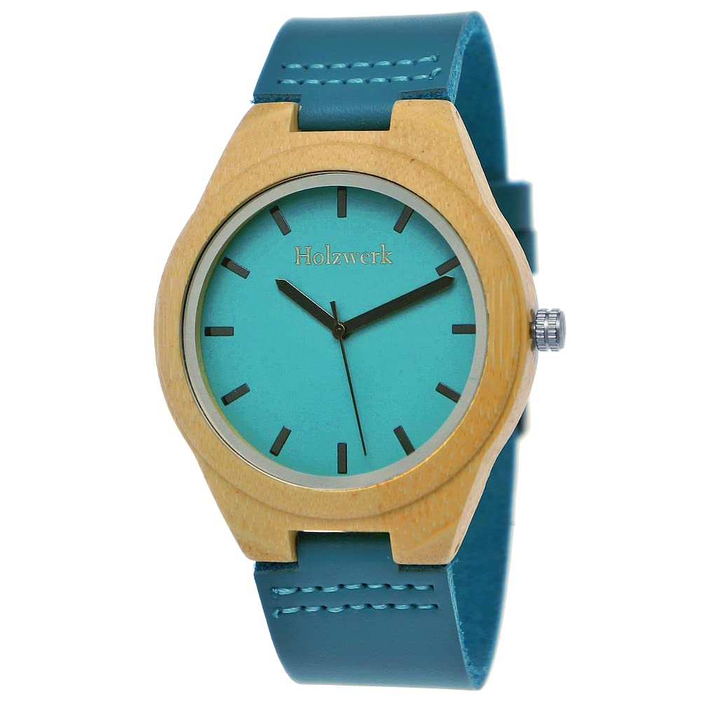 Holzwerk Germany Handgefertigte Designer Damen-Uhr Herren-Uhr Öko Natur Holz-Uhr Leder Armband-Uhr Analog Klassisch Quarz-Uhr in Blau Buche Türkis Schwarz
