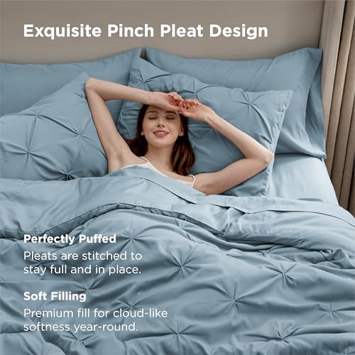 Image of Bedsure Queen Comforter Set Light Blue - Bed in a Bag Queen Size Bedding 7 Pieces, GentleSoft Pintuck Bed Set Gift for Family, All Season Down Alternative Comforter with Sheets, Pillowcases & Shams
