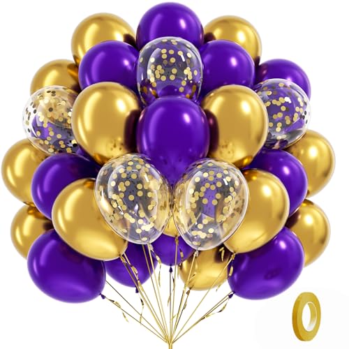 BAUANOOY Purple and Gold balloons, 60pcs 12 Inch Purple Metallic Chrome Gold and Confetti Balloon for Wedding Graduation Birthday Party Decorations