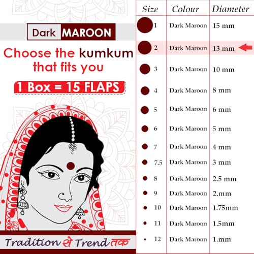 Image of PERPAA Kumkum Velvet Round Sticker Bindi Box of 15 Flaps for Ladies Women Forehead Bindi (Stick On) (Size 2, Diameter 13mm, Dark Maroon)-Self-Adhesive