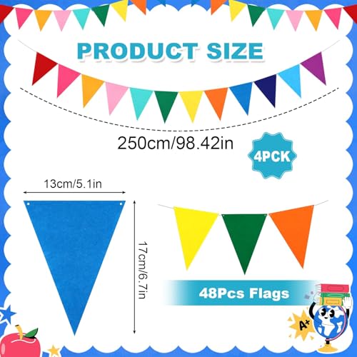 Image of MARFOREVER 4 Strings 26.3 Ft Rainbow Pennant Banner Flags-48 Pcs Colorful Triangle Felt Banner for Back to School Decor Nursery Wall Classroom Christmas Tree Carnival Birthday Party Decorations