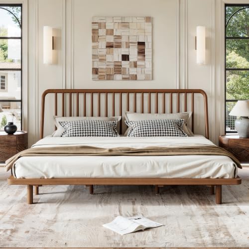 Image of Bellemave King Size Bamboo Bed Frame with Slatted Slanted Headboard,Brown