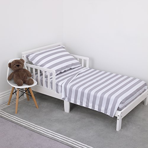 Image of NoJo 3-Piece Toddler Sheet Set, Grey /White Rugby Stripes, 52 inch x 28 inch