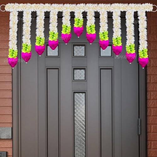 Divyakosh Fabric and Beads White and Green Gajra with Lotus Buds Torans for Entrance Door, (Size 4 FT / 48 Inch) Banderwal for Home Thoranam for Entrance Door, Gajra Temple Toran