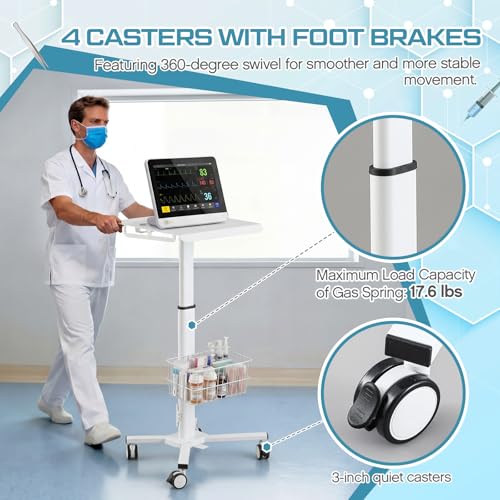 Image of 15.8 inch x 15.2 inch Medical Laptop Workstation Trolley Cart with Wheels Height Adjustable Medical Cart with Storage Basket Load for Dental Clinic, Home Office, Salon Hospital, Lab Use (Heavy Duty)