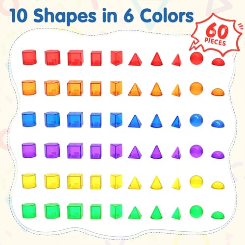 Image of 60 PCS 3D Shapes for Kids,Translucent Geometric Solids,Light Table Math Manipulatives for Teaching Geometry,Preschool & Kindergarten Classroom Homeschool STEM Learning Toy