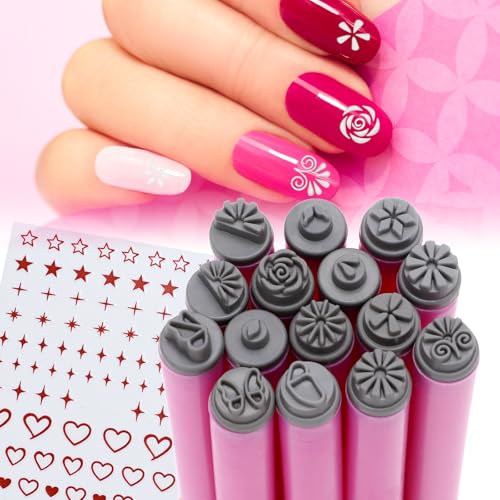 Nail Art Stamp Pen Set - 15pcs Professional Nail Stamping Kit with Floral Patterns, Silicone Tools for DIY Nail Art Designs for Beginners Women Girls (15Pcs Set)