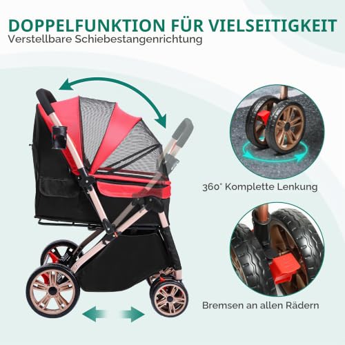 YITAHOME Faltbarer Hundebuggy für Hunde, Haustierbuggy mit umkehrbarem Griff, Netzfenstern, Getränkehalter, 360° drehbare EVA-Räder mit Bremsen (Rot)