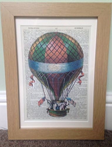Parksmoonprints Vintage Hot Air Balloon Dictionary Page Print Picture Art Steampunk Oak Frame
