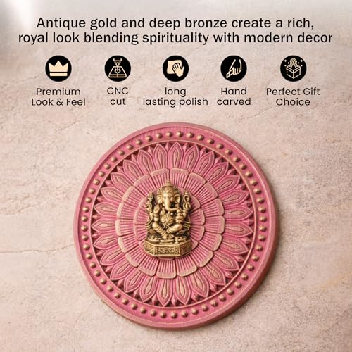 Image of Art Street Ganesha Wall Plaque with Floral Design, MDF Round Plaque, Pink & Gold Decor, Laser-Cut Lord Ganesha Idol for Pooja Room, Living Room, or Office, Religious Wall Hanging, 30x30 cm