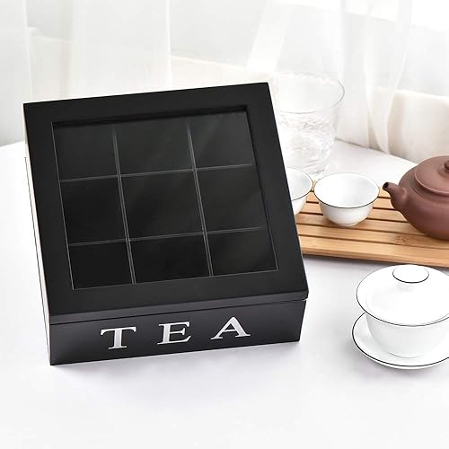 Miniatura 5 de Fonture Caja de almacenamiento de té de madera, bolsa de té con 9 compartimentos, caja de té de madera, tapa de vidrio con bisagras, organizador de