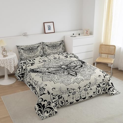 Image of Feelyou Boys Girls Gothic Decor Comforter Set Twin Size, Death Moth Skull Bedding Set Kids Boho Damask Duvet Insert Teens Bedroom Decor Bed Set 2Pcs