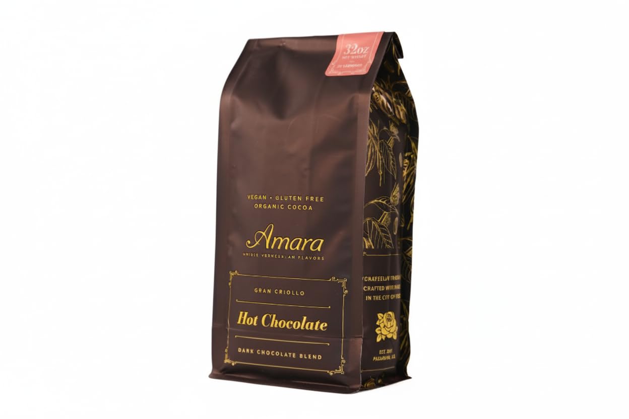 Amara Unique Venezuelan Flavors. Hot Chocolate "Gran Criollo" Dark Chocolate Blend Refill Bag 32 oz. Made with Certified Organic Cacao Powder.