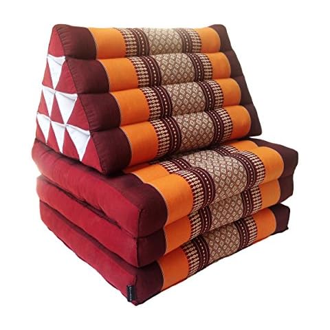 Traditional Thai Kapok 3 Fold Meditation Mattress with Oriental Style Triangle Recliner Cushion for Yoga Massage or Relaxation (Orange, Maroon) Cover