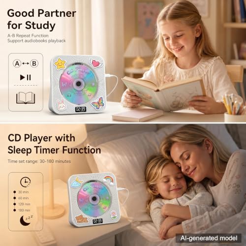 Image of Gueray CD Player Portable Bluetooth Desktop CD Player for Home with Timer Built-in HiFi Speakers with LCD Screen Display Boombox FM Radio USB Type-c (Ivory)