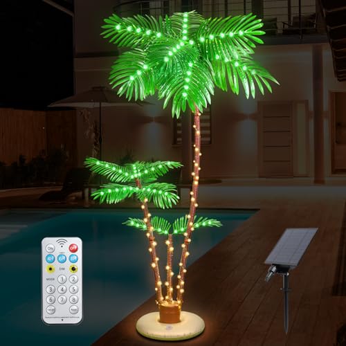 PINPON 6FT Solar Lighted Palm Tree Triple Trunks, Remote Control 8 Modes & Timer, IP65 Waterproof LED Lighted Artificial Tree for Patio, Pool, Tiki Bar, Outdoor Decor