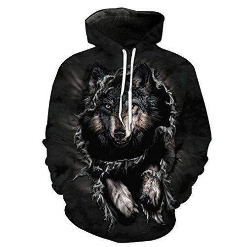 Lenfesh Hombre 3D Lobo y León Impreso Sudadera con Capucha,Unisex Animal Fullprint Sudaderas de Mangas Largas Negro (XL, Negro #Lobo)