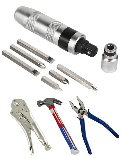 Digital Craft Combo of 4 Items Impact Screwdriver Set Multi-Purpose Chrome Vanadium Steel Portable Screw Driver Chisel Bits Professional Tools with Lock Plier Plier 2 & Hammer