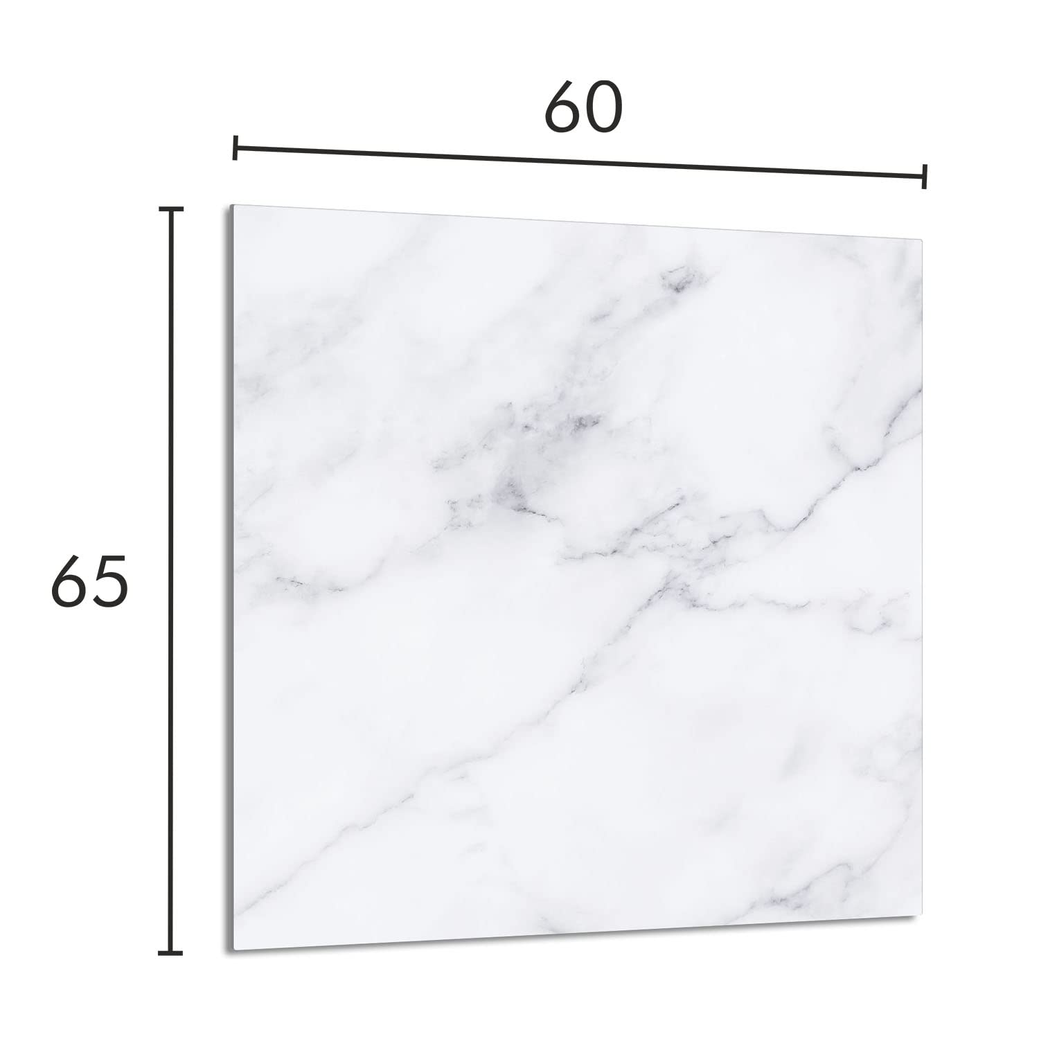 Protection anti-éclaboussures en verre trempé 60 x 65 cm – Verre décoratif avec ruban adhésif – Paroi arrière en verre pour cuisine - Plaque de protection induction, Marbre Blanc