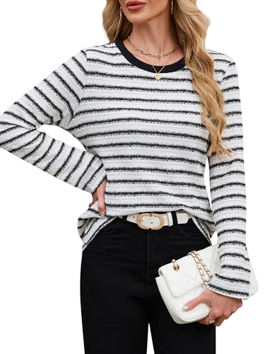 Blooming Jelly Womens Tops Long Sleeve Shirts Striped Tweed T Shirt Dressy Casual Business Crewneck 2025 Fall