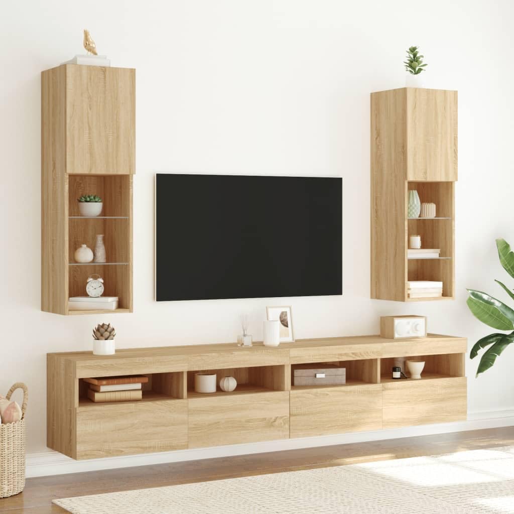 Szafki TV z LED 2 szt dąb sonoma 30 5x30x102 cm TV meubel met RGB verlichting zwevend wandmontage opbergkast voor woonkamer glas hout