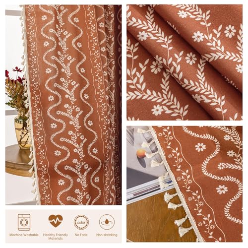 Image of Burnt Orange Curtains 96 Inch 2 Panels, Vintage Bohemian Pattern Floral Drapes Ceiling to Floor Length Hippie Window Panel Autumn Curtains for Living Room