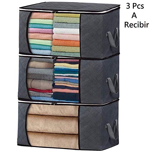 Juego de 3 Bolsas de Almacenaje Plegable Caja de Tela de Fibra de Carbón de Bambú para Almacenamiento y Organización de Edredón, Sábanas Fundas Mantas y Ropa Fuera de Temporada