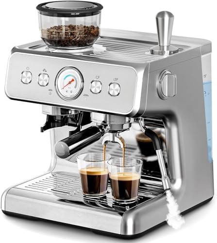 Kismile Espresso Machine with Grinder, 15 Bar Automatic Espresso Maker with Milk Frother Steam Wand, Removable Water Tank for Latte & Cappuccino, Professional Coffee Machine for Home (Stainless Steel)
