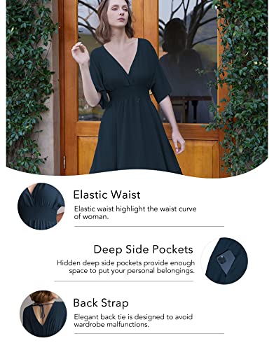 Image of Olaesa Boho Maxi Dress V Neck Short Sleeve Lace Smocked Waist Flowy Dress | Wedding Guest Dress with Pockets, Summer Bohemian Vacation Dress, Elegant Party Dress for Family photo& Baby Shower