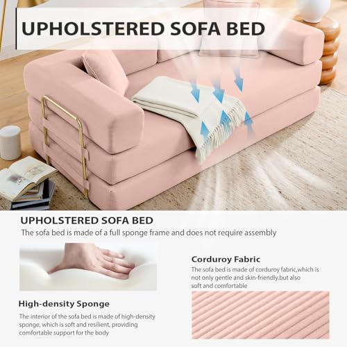 Image of HANXIN Convertible Sleeper Sofa Bed, 78 Inch Folding Floor Mattress Couch with Fixed-Shape Frame, Futon Boneless Couch Lounge Loveseat with Pull Out Bed, No Assembly Required, Pink