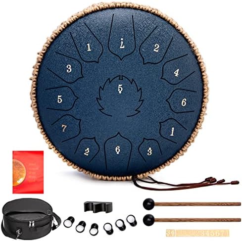 Steel Tongue Drum - Deekec 12 Inches 13 Notes - Percussion Instruments - Hand Pan Drum with Music Book, Drum Mallets and Carry Bag, C Major (Navy Blue)