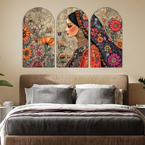 Image of Livin'luxe Traditional Indian Woman with Floral Background Wall Painting | Ethnic Lady Portrait | Set of 3 MDF Panels | Elegant Wall Art for Living Room, Bedroom & Home Decor